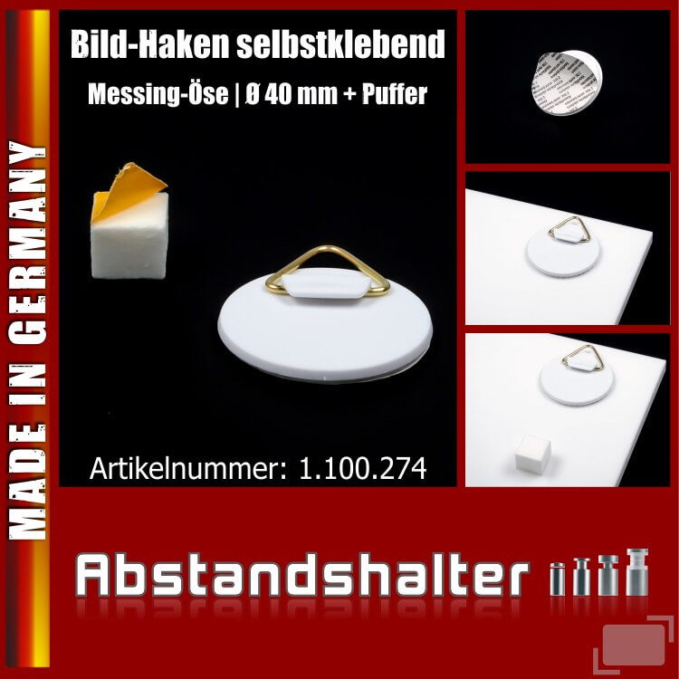 Bild-Haken-Aufhänger Ø 40 mm selbstklebend mit Wandpuffer Schaumstoff 