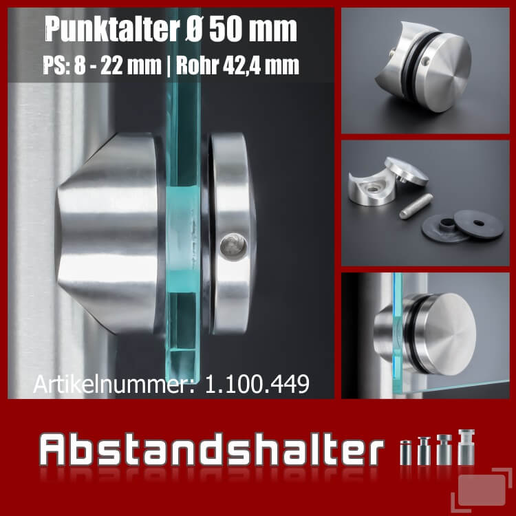 Punktglashalter V2A Ø 50 mm WA 10 mm PS:6-22 mm | Rundrohr Ø 42,4 mm