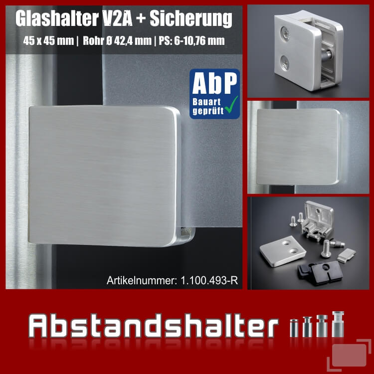 Glashalter Edelstahl Sicherungsplatte | Sicherungsstift eckig 45x45mm | Rohr Ø 42,4 mm