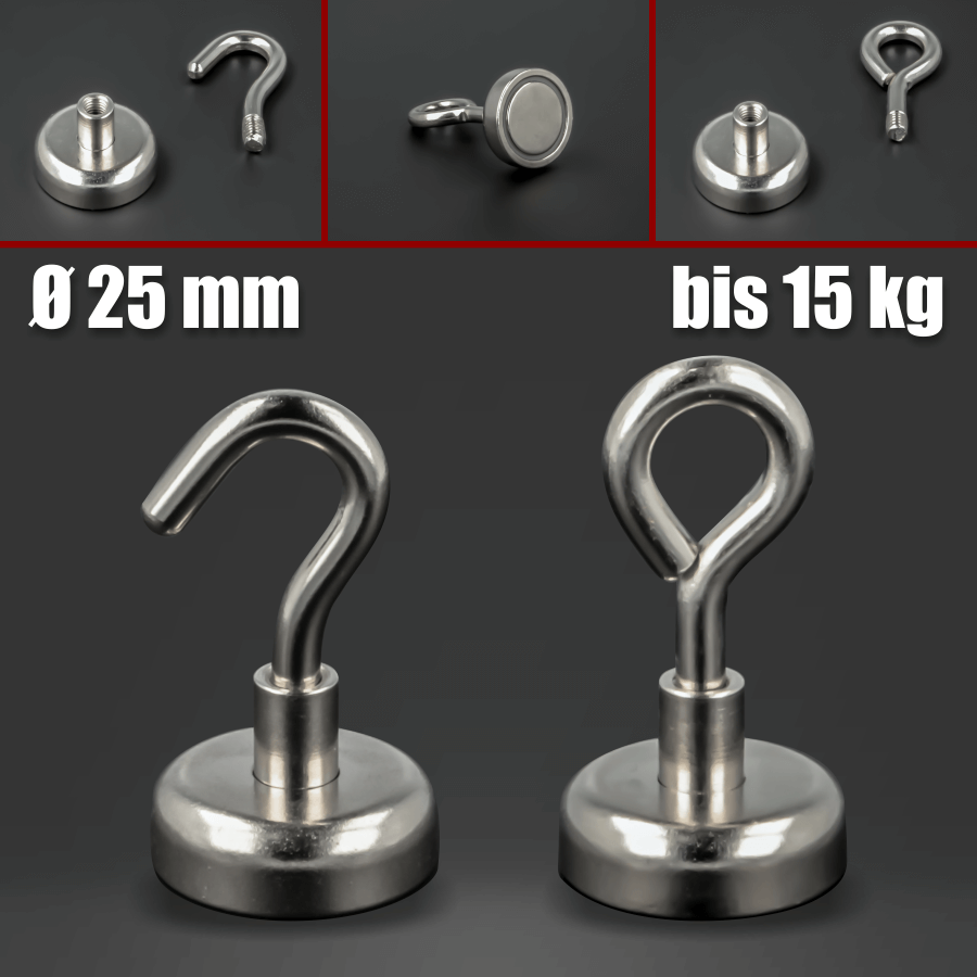 Topfmagnet Ø 25mm Innengewinde M5x8mm Haftkraft 15 kg mit Haken o. Öse