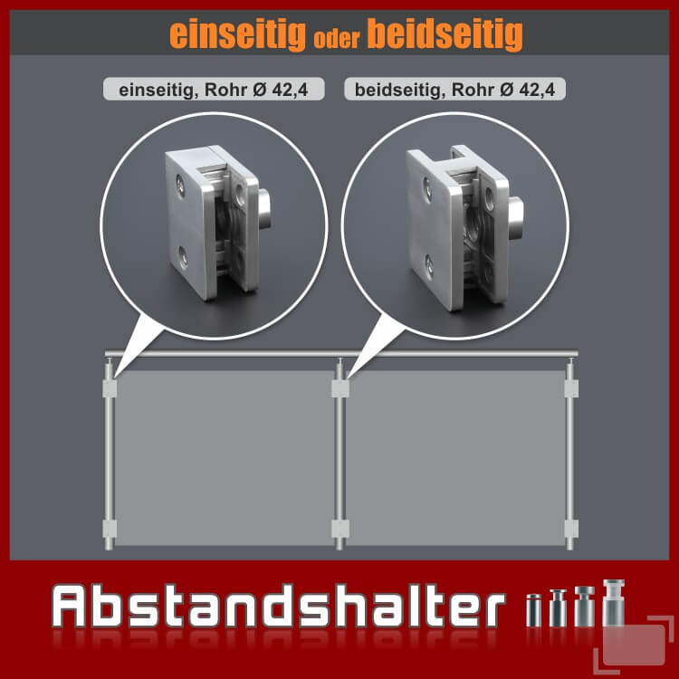 Glashalter Edelstahl eckig 60x50 und 60x60 Frontmontage Rundrohr Geländer einseitig beidseitig Glas