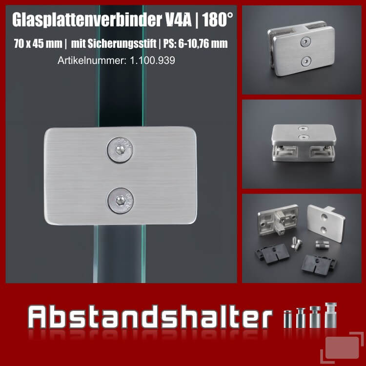 Glashalter Glasplattenverbinder Edelstahl V4A eckig 180 Grad Winkel 70x45mm PS: 6-10,76mm