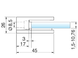 Bemassung Glasklemmhalter Glashalter Edelstahl eckig 45 x 45 mm PS: 1,5 - 10,76 mm | flach | Vierkantmontage