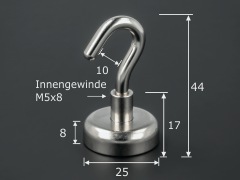 Bemassung: Topfmagnet Ø 25mm Innengewinde M5x8mm Haftkraft 15 kg mit Haken o. Öse