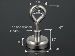 Bemassung: Topfmagnet Ø 25mm Innengewinde M5x8mm Haftkraft 15 kg mit Haken o. Öse