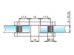 Bemaßung: Glashalter Glasplattenverbinder Edelstahl V4A eckig 180 Grad Winkel 70x45mm PS: 6-10,76mm