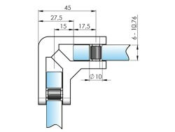 Bemaßung: Eckglashalter Eckverbinder Edelstahl V4A eckig 90 Grad Winkel 53x45mm PS: 6-10,76mm