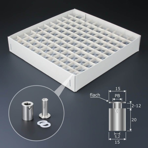 100er-Pack Abstandshalter rund Edelstahl V2A Ø 15 mm WA: 20 mm PS: 2-17 mm