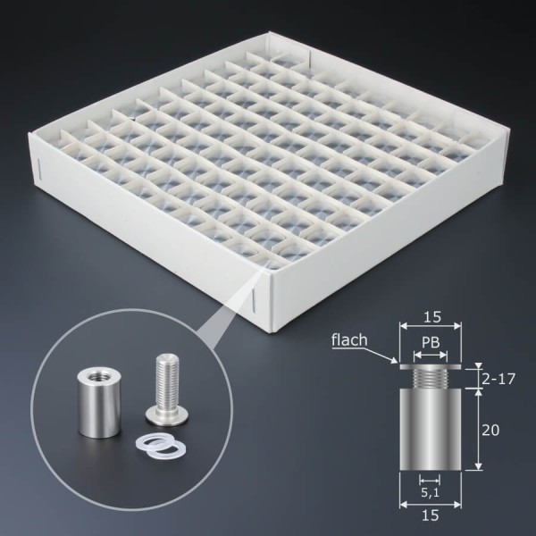 100er-Pack Abstandhalter schraubbar Edelstahl V2A auf dunklem Untergrund