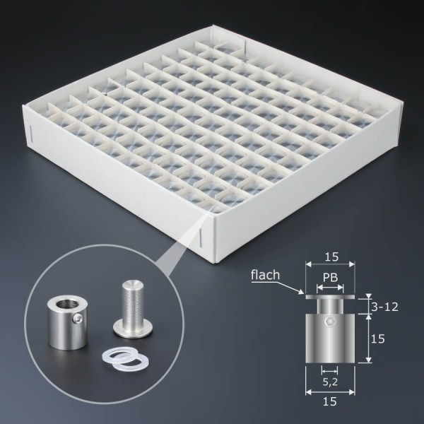 Edelstahl Abstandshalter V2A Ø 15 mm WA: 15 mm PS: 3-12 mm im 100er Karton auf dunklem Untergrund